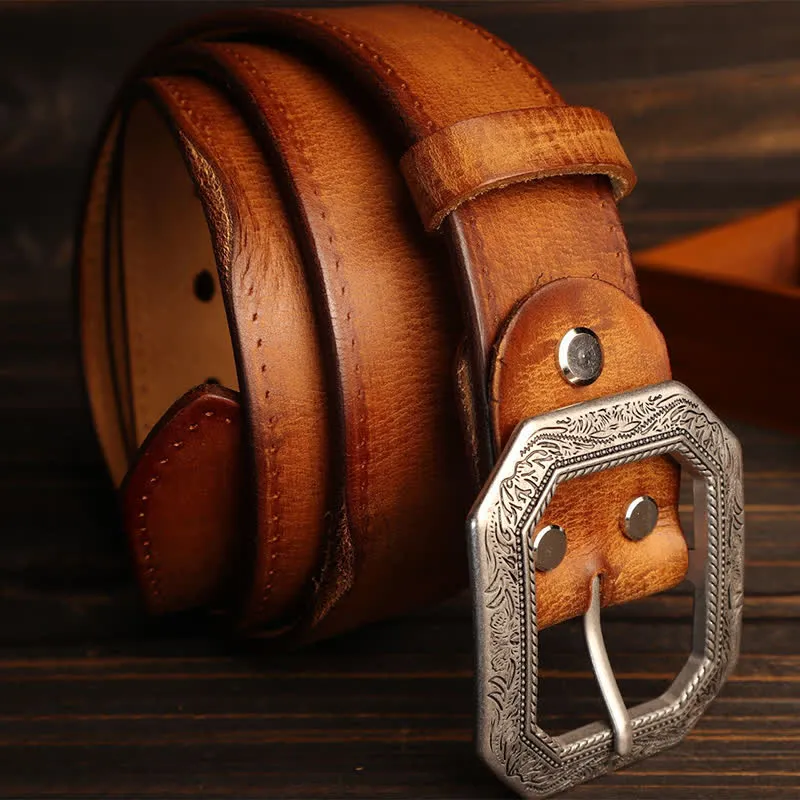 Men's Square Floral Engraved Buckle Distressed Leather Belt