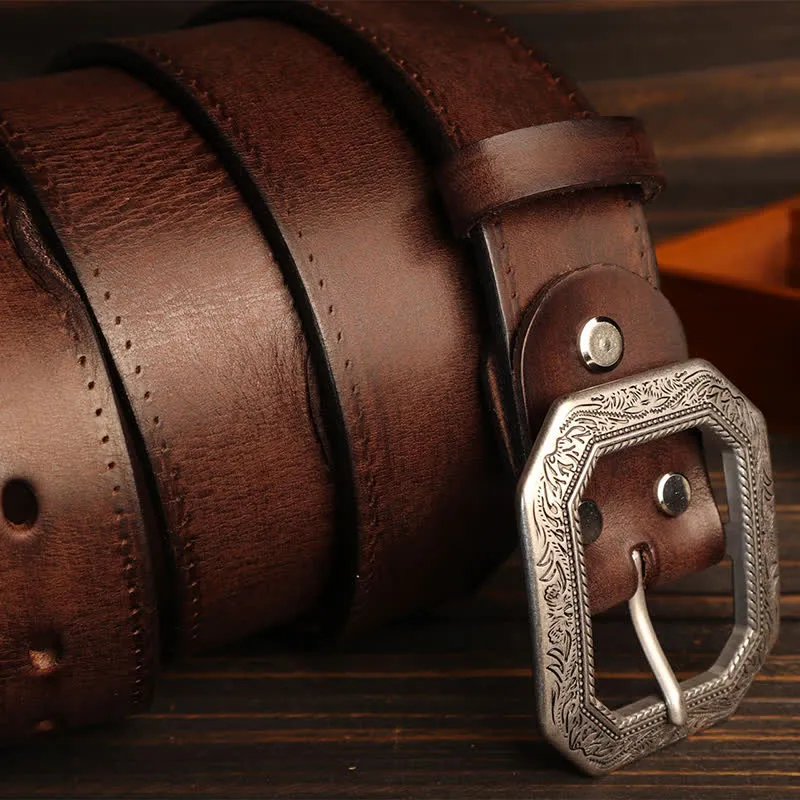 Men's Square Floral Engraved Buckle Distressed Leather Belt