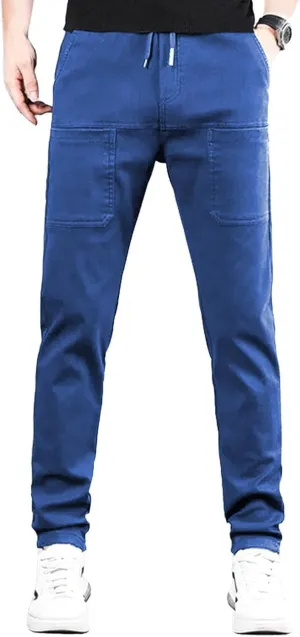 Mens Stretch Cargo Pants Straight Leg Slim Fit Multi Pockets Trousers Elastic Waist Casual Sweatpants High Stretchy