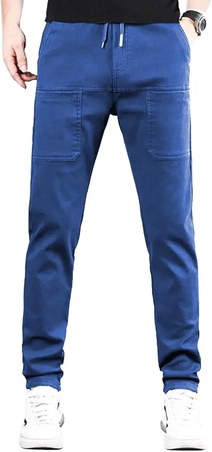 Mens Stretch Cargo Pants Straight Leg Slim Fit Multi Pockets Trousers Elastic Waist Casual Sweatpants High Stretchy