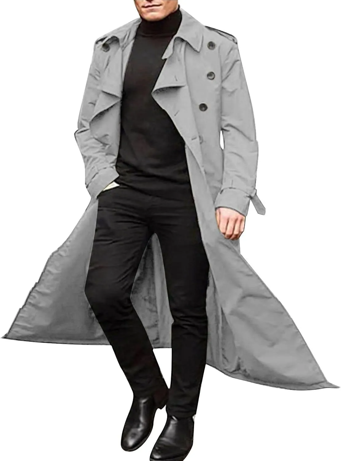 Mens Trench Coat Classic British Double-Breasted Full Length Trench Coat Casual Business Overcoat Winter Jacket