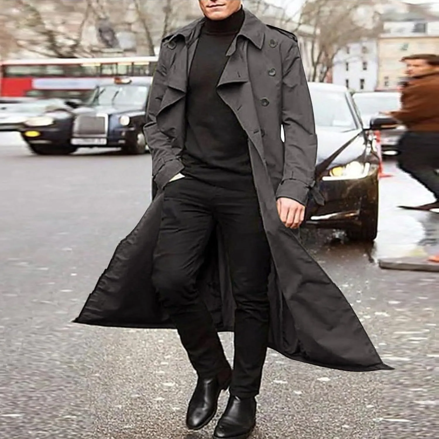 Mens Trench Coat Classic British Double-Breasted Full Length Trench Coat Casual Business Overcoat Winter Jacket