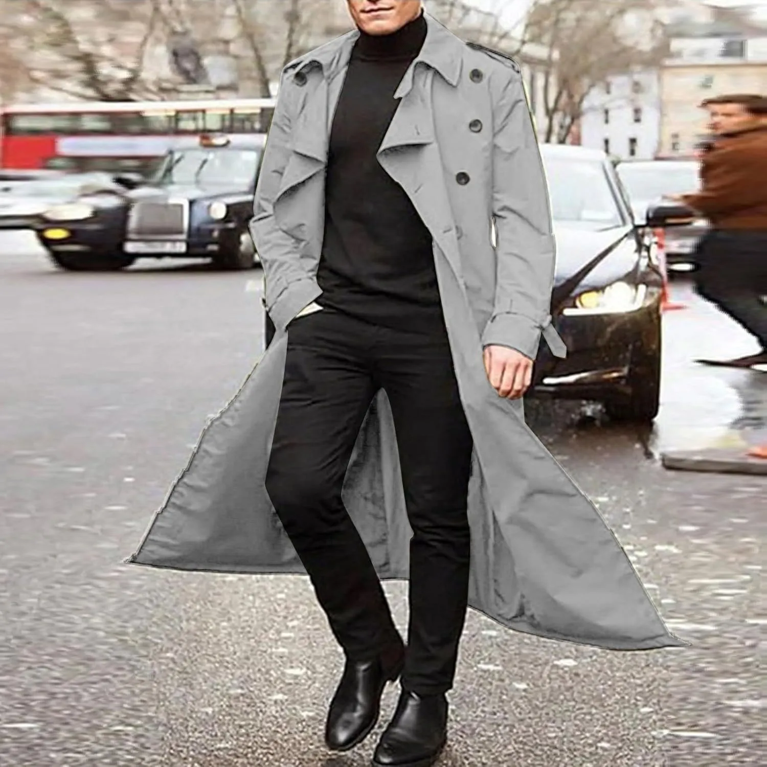 Mens Trench Coat Classic British Double-Breasted Full Length Trench Coat Casual Business Overcoat Winter Jacket