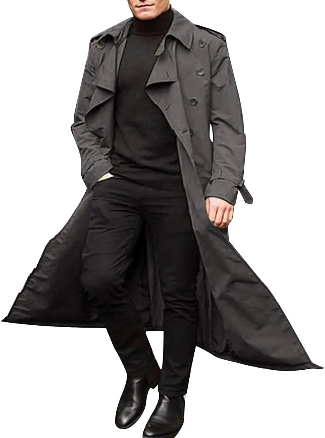 Mens Trench Coat Classic British Double-Breasted Full Length Trench Coat Casual Business Overcoat Winter Jacket