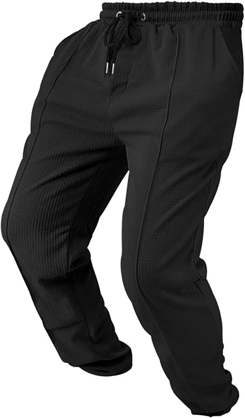 Men's Waffle Pants Textured Dress Slacks Summer Straight Leg Flat Front Sweatpants Drawstring Waist Loose Fit Trouser