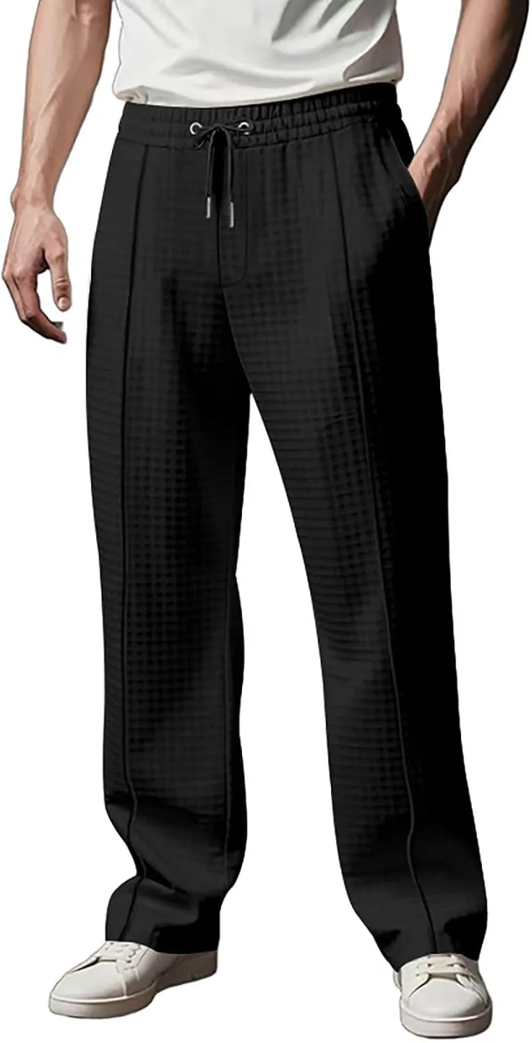 Men's Waffle Pants Textured Dress Slacks Summer Straight Leg Flat Front Sweatpants Drawstring Waist Loose Fit Trouser