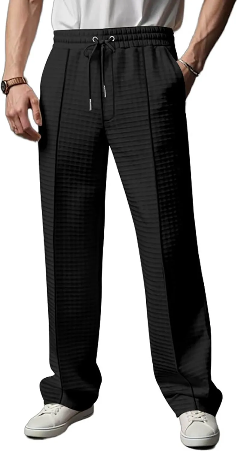 Men's Waffle Pants Textured Dress Slacks Summer Straight Leg Flat Front Sweatpants Drawstring Waist Loose Fit Trouser