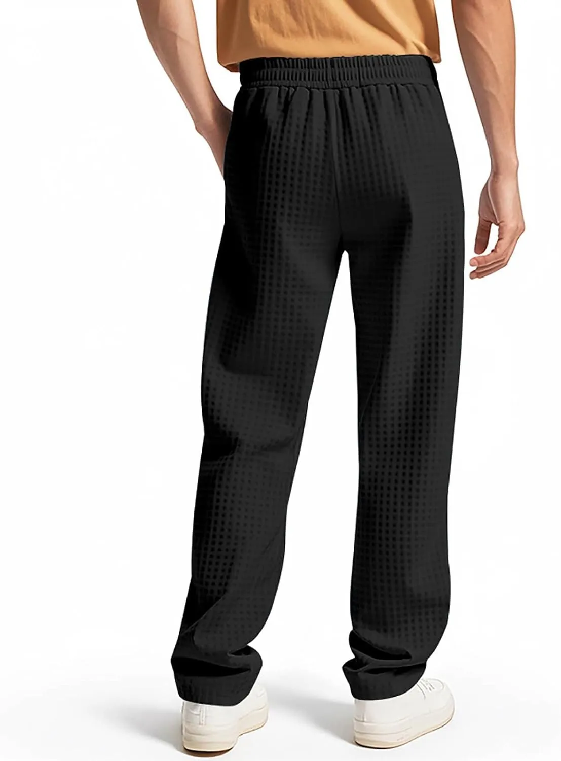 Men's Waffle Pants Textured Dress Slacks Summer Straight Leg Flat Front Sweatpants Drawstring Waist Loose Fit Trouser