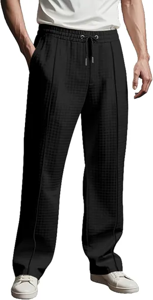 Men's Waffle Pants Textured Dress Slacks Summer Straight Leg Flat Front Sweatpants Drawstring Waist Loose Fit Trouser