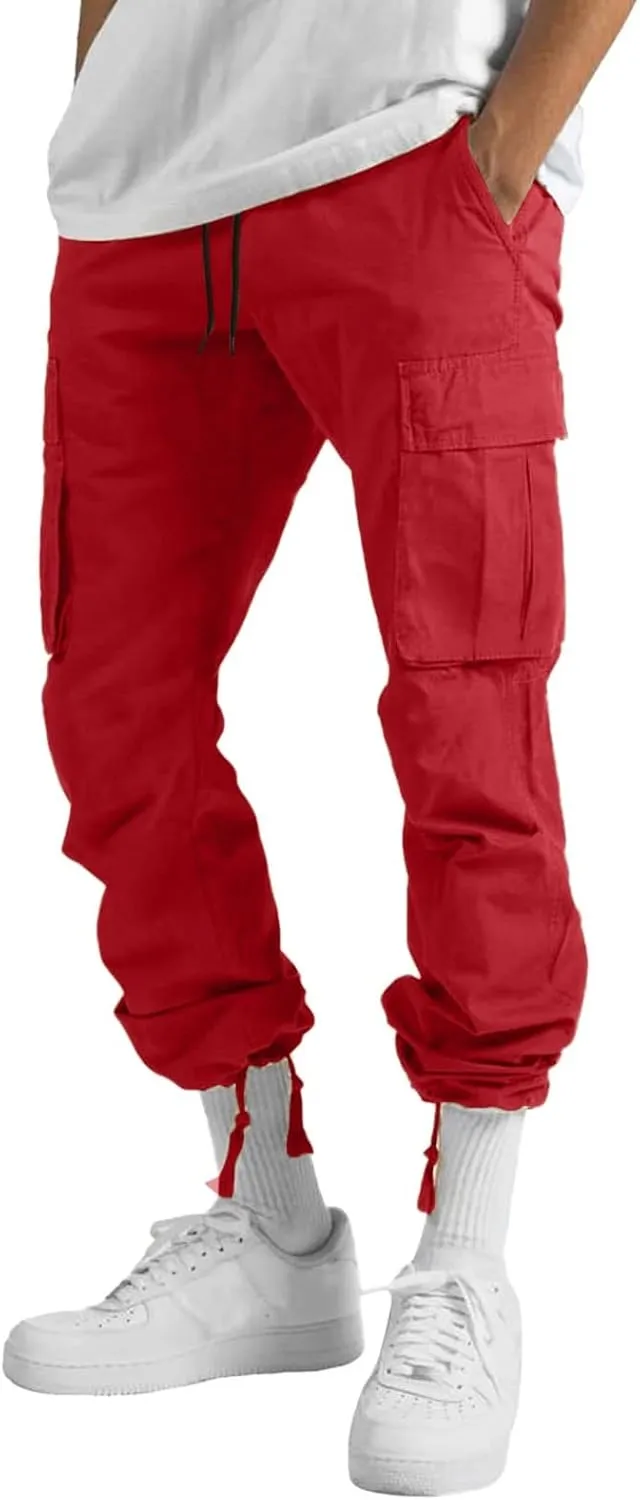 Mens Workout Cargo Sweatpants Pants Stretch Slim Fit Workout Bodybuilding Sweatpants Work Pants for Men with Pockets