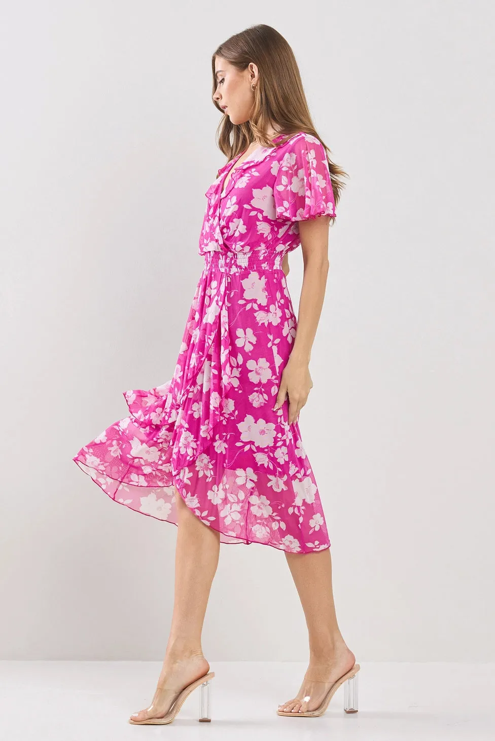 Mesh Faux Wrap Floral High Low Ruffled Dress Fuchsia