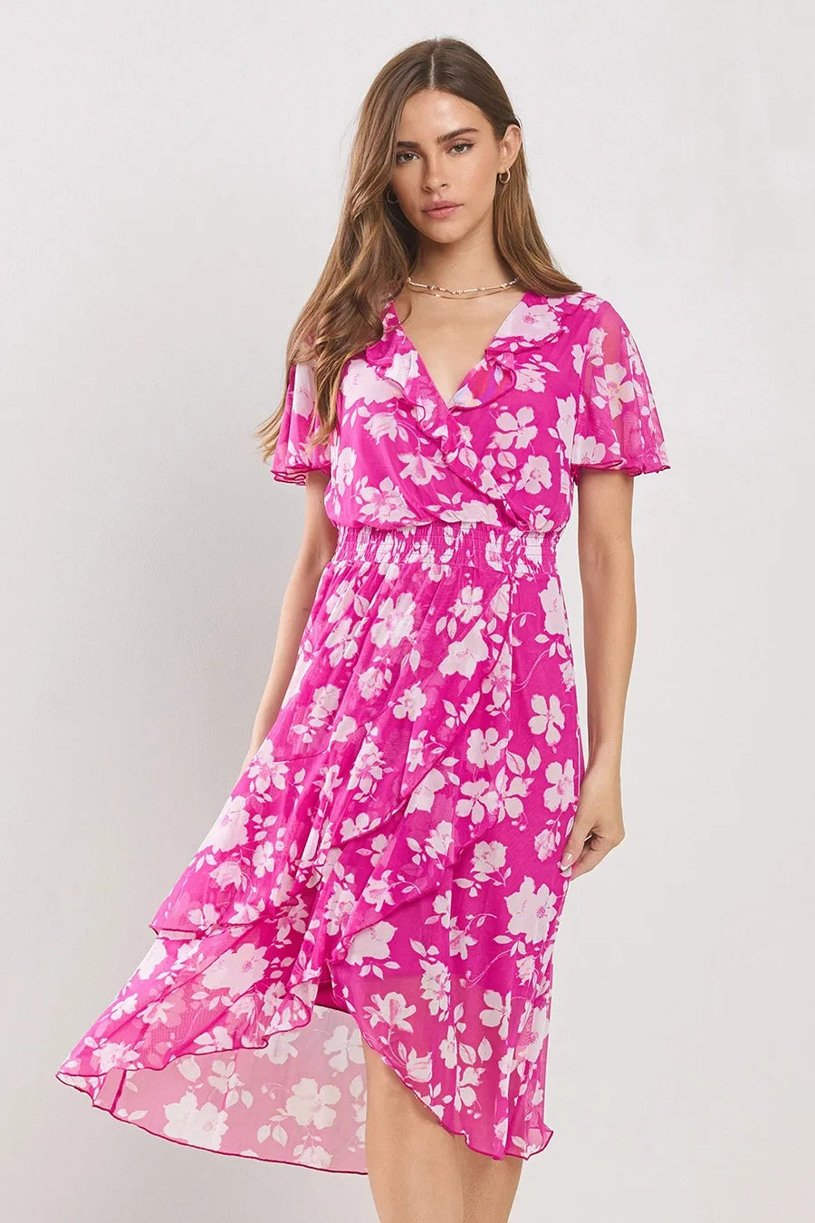 Mesh Faux Wrap Floral High Low Ruffled Dress Fuchsia