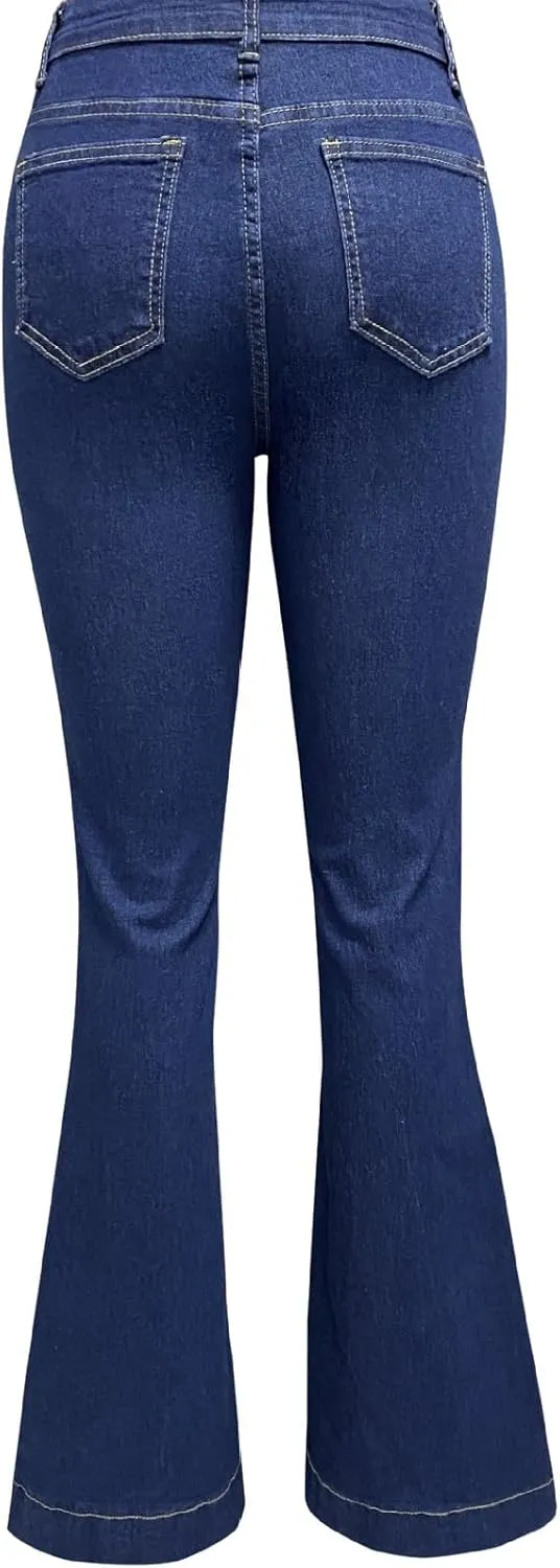 Miyaomn Casual Flared Bell Bottom Jeans for Women Button-Fly High Waisted Denim Pants Stretch Wide Leg Bootcut Jean Trousers