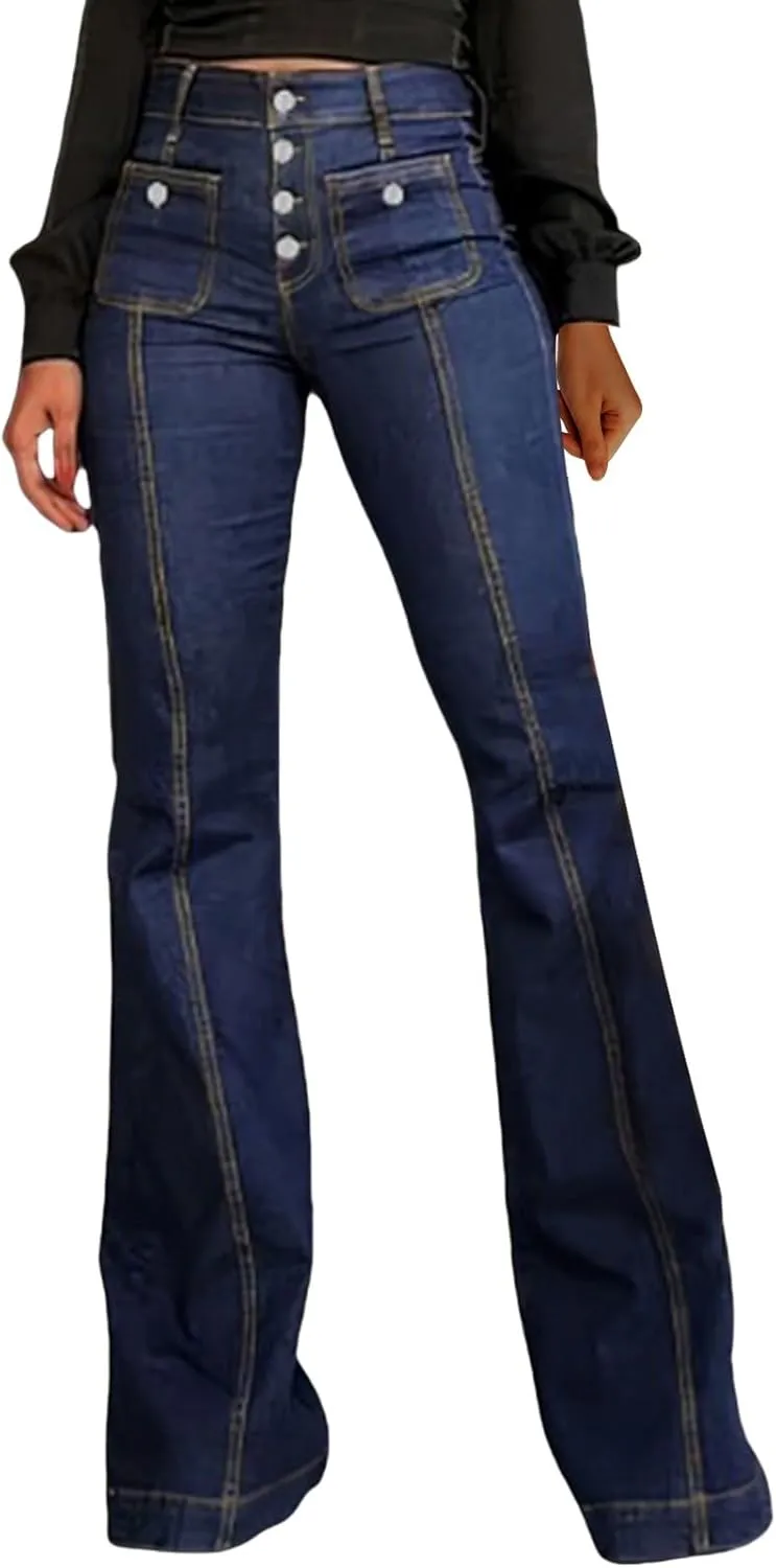 Miyaomn Casual Flared Bell Bottom Jeans for Women Button-Fly High Waisted Denim Pants Stretch Wide Leg Bootcut Jean Trousers