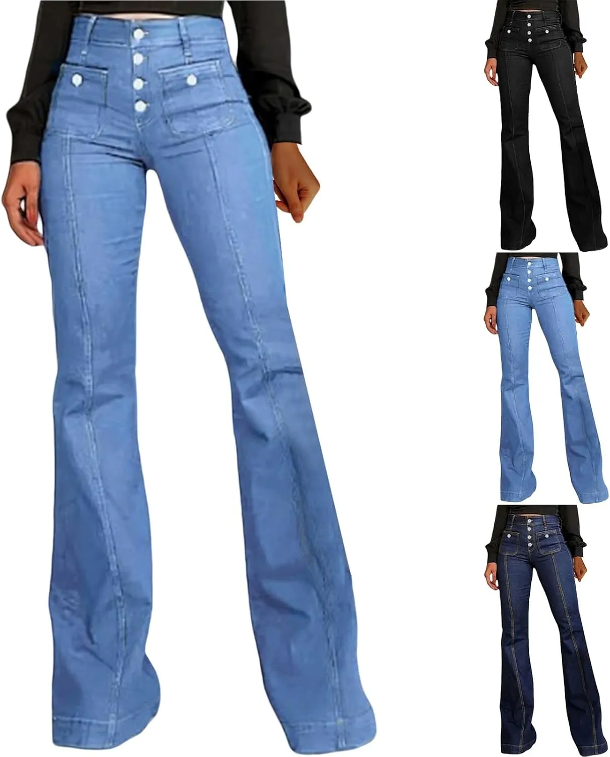 Miyaomn Casual Flared Bell Bottom Jeans for Women Button-Fly High Waisted Denim Pants Stretch Wide Leg Bootcut Jean Trousers