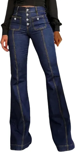 Miyaomn Casual Flared Bell Bottom Jeans for Women Button-Fly High Waisted Denim Pants Stretch Wide Leg Bootcut Jean Trousers