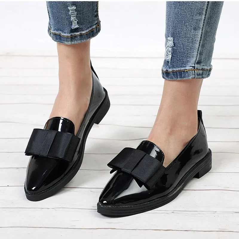 Modern Sleek Fabric Bow Mirror Leather Loafers