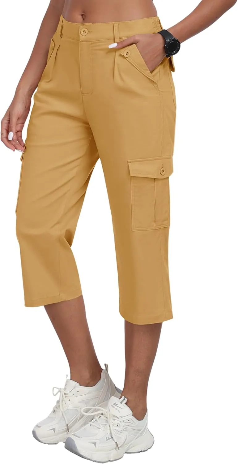 MoFiz Women's Cargo Capris Pants with 6 Pockets Lightweight Cotton Hiking Casual Travel Summer Capri Pants for Women