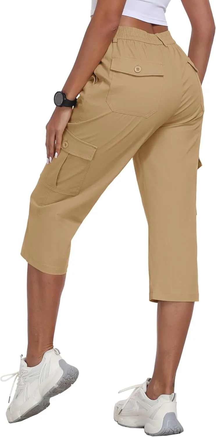 MoFiz Women's Cargo Capris Pants with 6 Pockets Lightweight Cotton Hiking Casual Travel Summer Capri Pants for Women