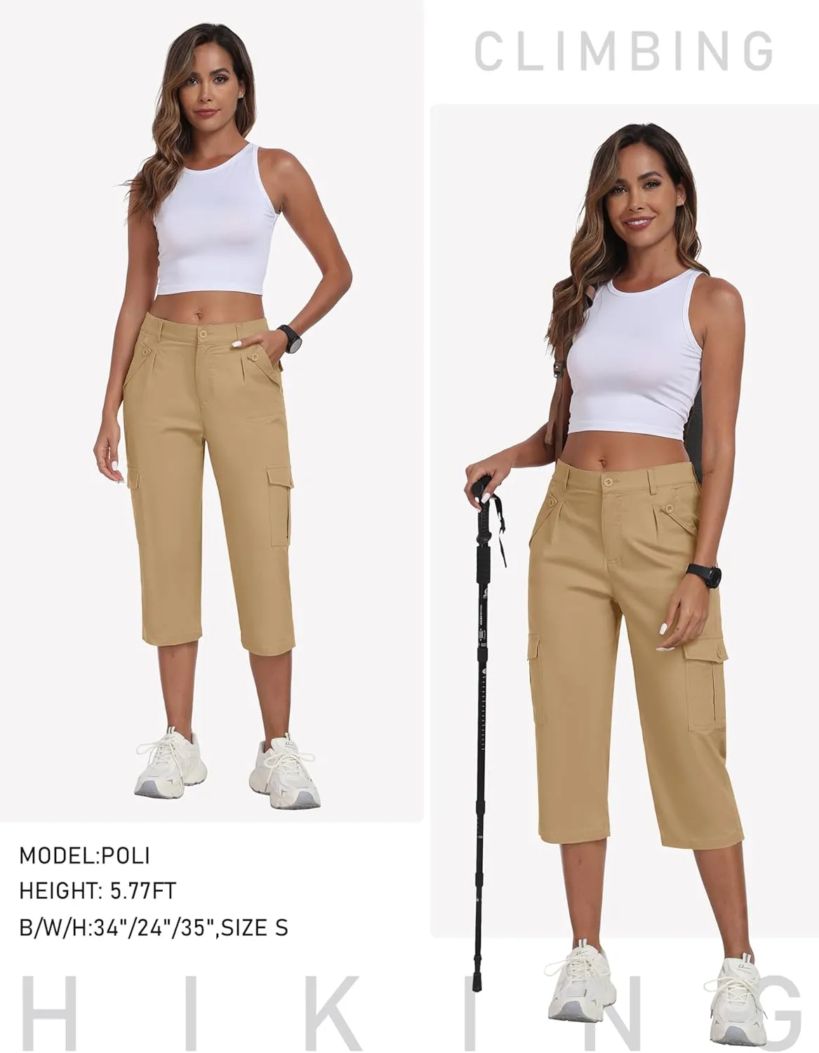 MoFiz Women's Cargo Capris Pants with 6 Pockets Lightweight Cotton Hiking Casual Travel Summer Capri Pants for Women