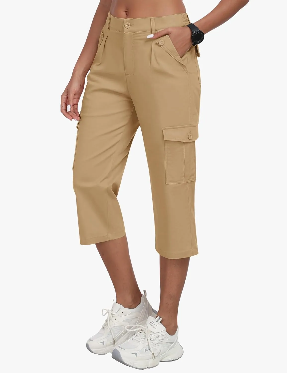 MoFiz Women's Cargo Capris Pants with 6 Pockets Lightweight Cotton Hiking Casual Travel Summer Capri Pants for Women