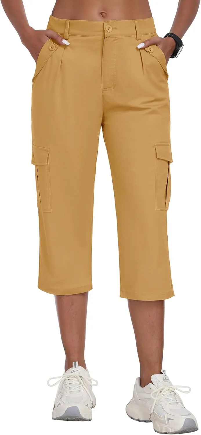 MoFiz Women's Cargo Capris Pants with 6 Pockets Lightweight Cotton Hiking Casual Travel Summer Capri Pants for Women