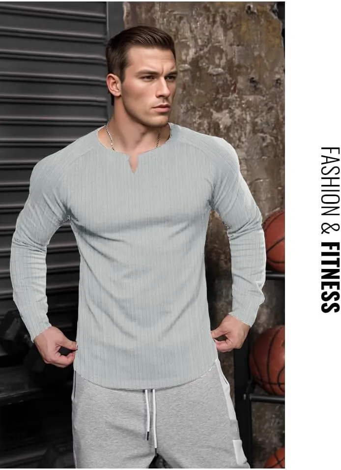 Muscle Cmdr Men's Slim Fit V Neck Casual Shirts Long&Short Sleeve Muscle Henley T-Shirt Stylish Business Top