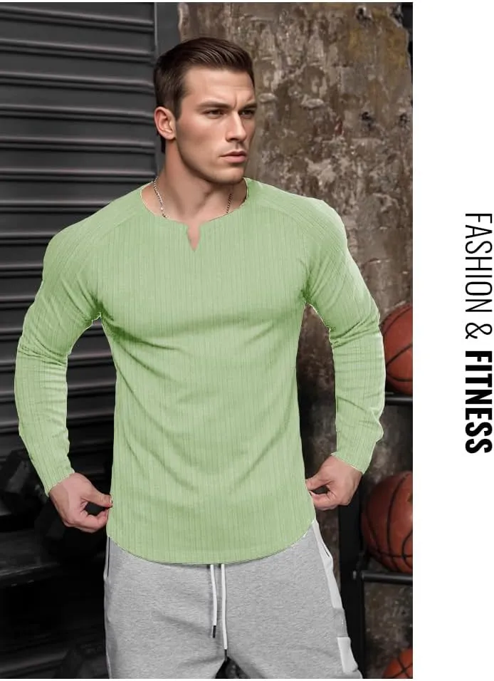 Muscle Cmdr Men's Slim Fit V Neck Casual Shirts Long&Short Sleeve Muscle Henley T-Shirt Stylish Business Top