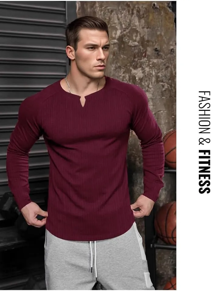 Muscle Cmdr Men's Slim Fit V Neck Casual Shirts Long&Short Sleeve Muscle Henley T-Shirt Stylish Business Top