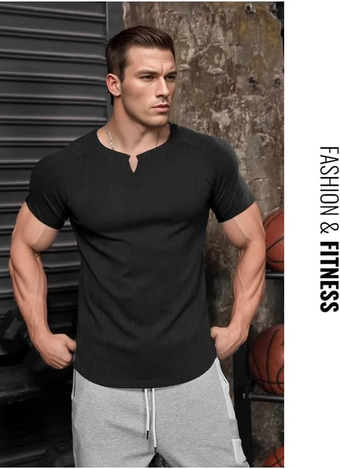 Muscle Cmdr Men's Slim Fit V Neck Casual Shirts Long&Short Sleeve Muscle Henley T-Shirt Stylish Business Top
