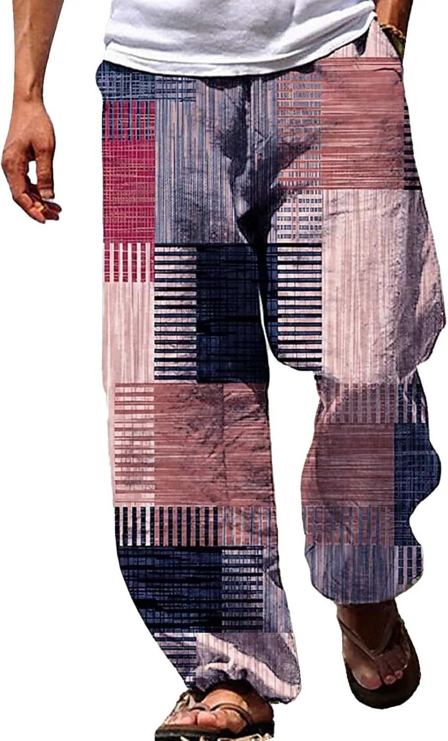 Muyise Men's Casual Cotton Linen Drawstring Pants Summer Color Block Elastic Waist Straight Legs Palazzo Pants with Pockets
