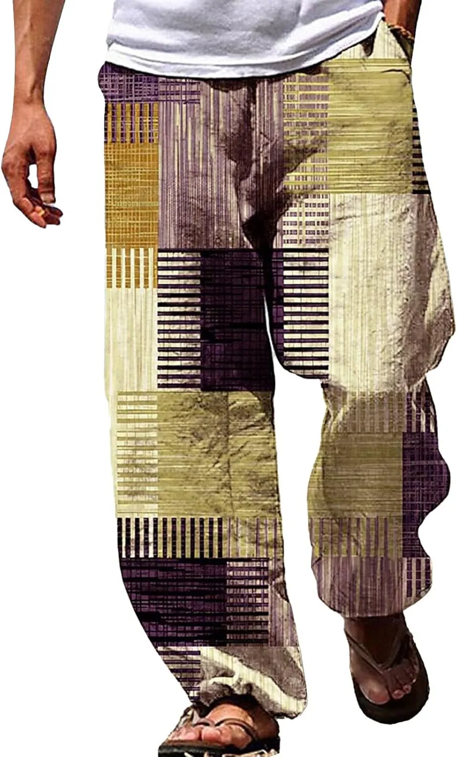 Muyise Men's Casual Cotton Linen Drawstring Pants Summer Color Block Elastic Waist Straight Legs Palazzo Pants with Pockets