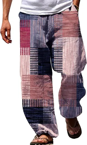 Muyise Men's Casual Cotton Linen Drawstring Pants Summer Color Block Elastic Waist Straight Legs Palazzo Pants with Pockets
