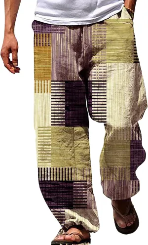 Muyise Men's Casual Cotton Linen Drawstring Pants Summer Color Block Elastic Waist Straight Legs Palazzo Pants with Pockets