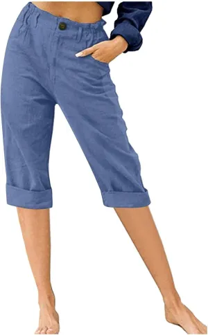 NATHGAM Linen Pants for Women Summer Casual Elastic High Waist Button Capris Pant Straight Wide Leg Cropped Trousers Pockets