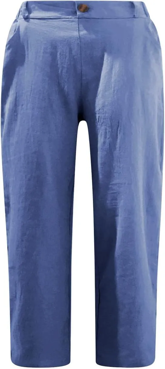 NATHGAM Linen Pants for Women Summer Casual Elastic High Waist Button Capris Pant Straight Wide Leg Cropped Trousers Pockets