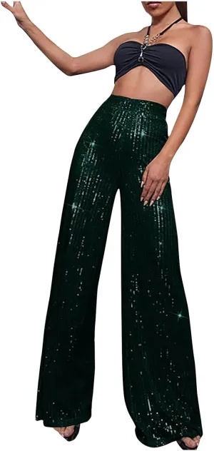 NATHGAM Sequin Pants for Women Elastic High Waist Wide Leg Pants Lounge Palazzo Pants Sequin Flare Bottoms Club Trousers