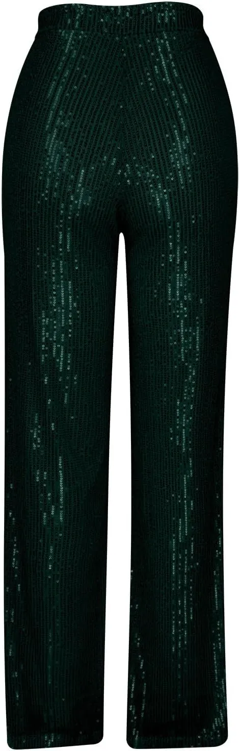 NATHGAM Sequin Pants for Women Elastic High Waist Wide Leg Pants Lounge Palazzo Pants Sequin Flare Bottoms Club Trousers