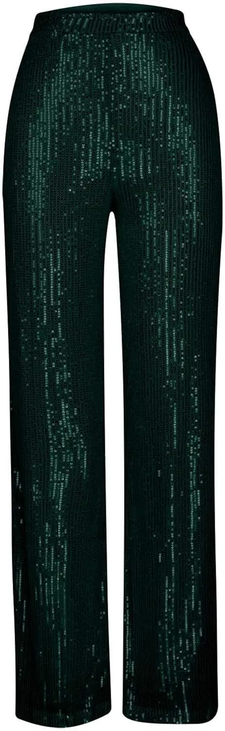 NATHGAM Sequin Pants for Women Elastic High Waist Wide Leg Pants Lounge Palazzo Pants Sequin Flare Bottoms Club Trousers