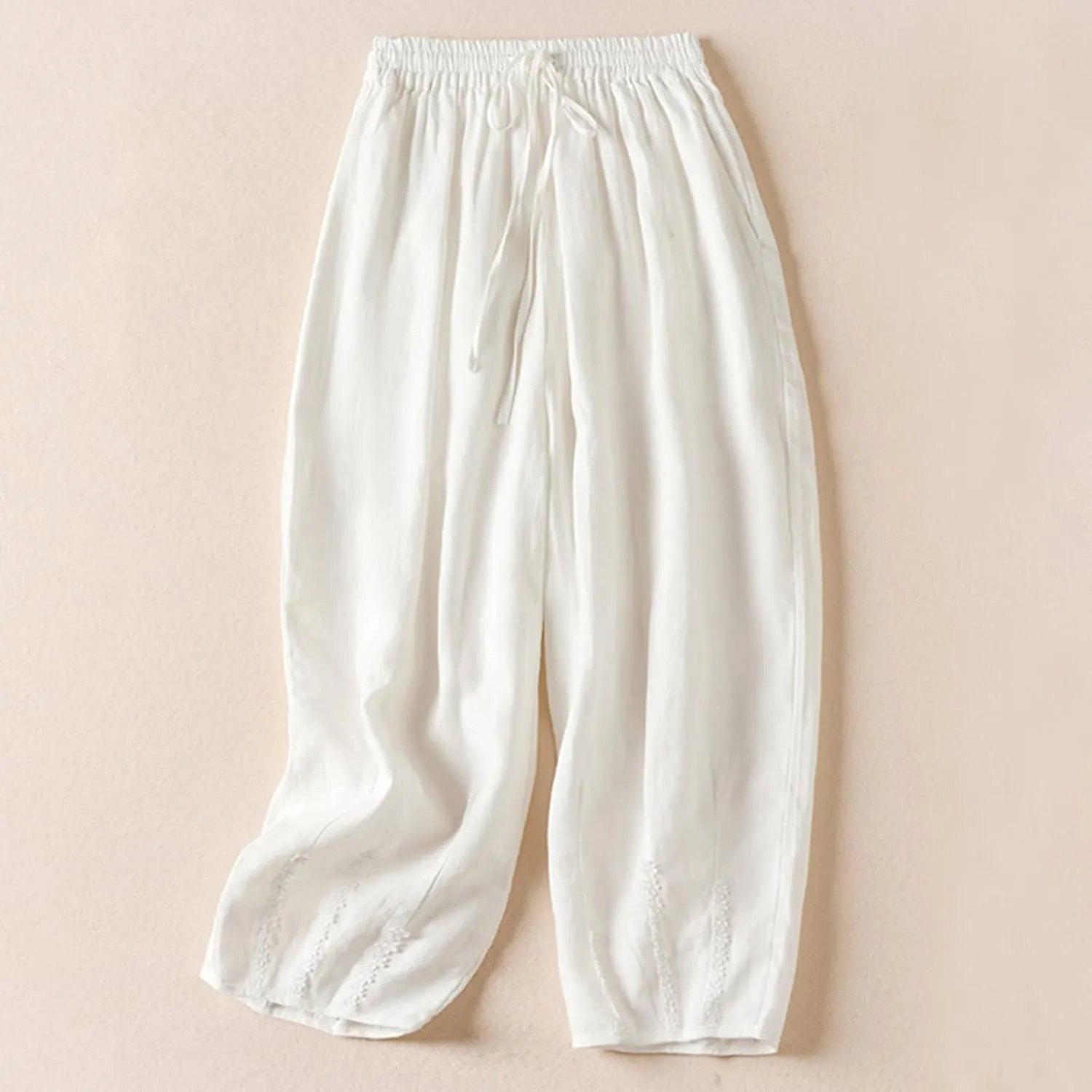 NATHGAM Womens Linen Pants Flowy Summer High Waisted Wide Leg Pant with Pockets Lounge Trousers Casual Palazzo Harem Pants