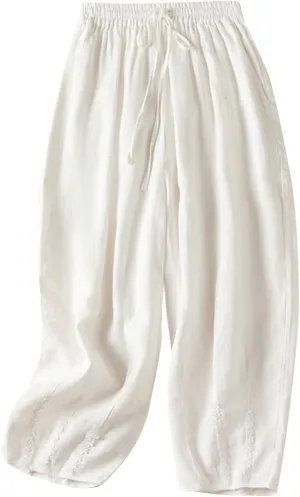 NATHGAM Womens Linen Pants Flowy Summer High Waisted Wide Leg Pant with Pockets Lounge Trousers Casual Palazzo Harem Pants