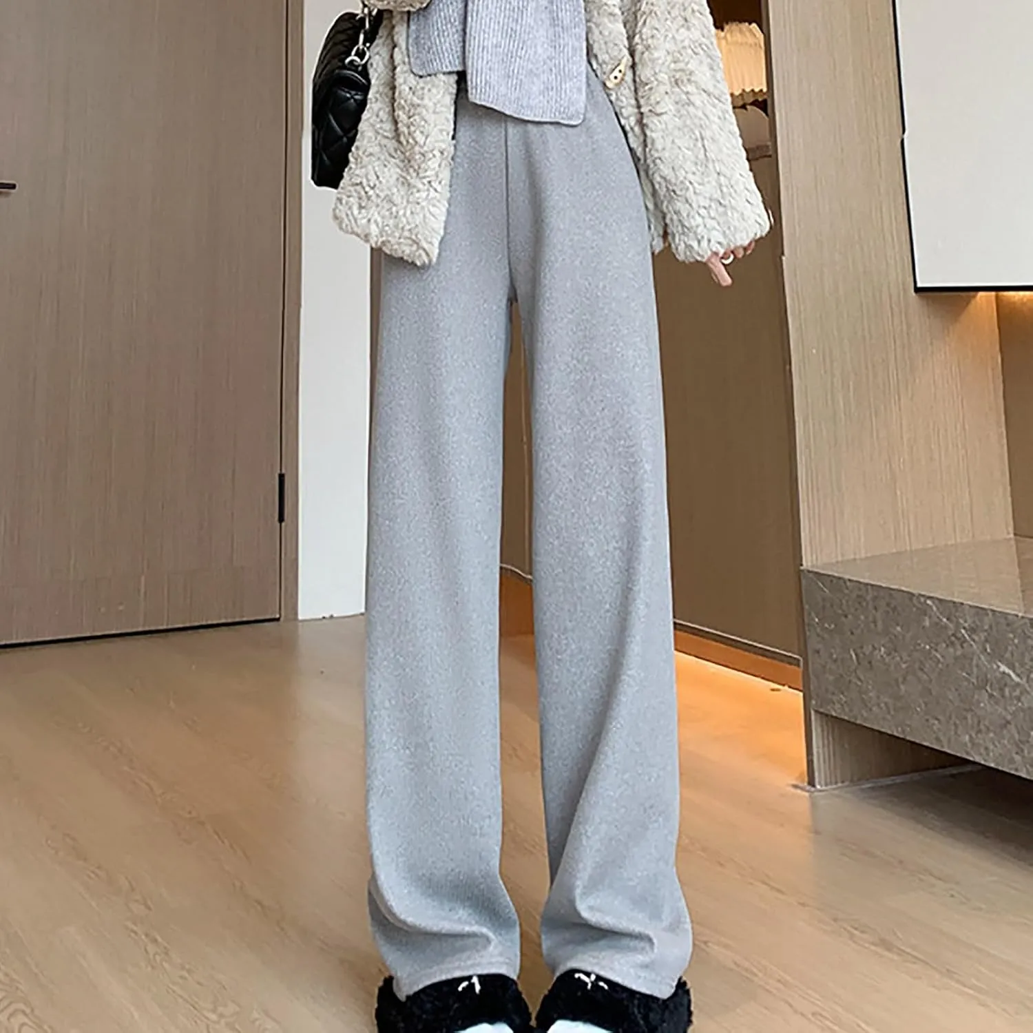 NATHGAM Women's Sweatpants Winter Warm Fleece Lined High Waist Wide Leg Pants Lightweight Comfy Fashion Y2K Street Trousers