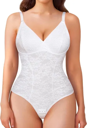 Nebility Shapewear for Women Tummy Control Lace Bodysuit V Neck Thong Body Shaper Fajas Shaping Tank Tops Slimming Camisole