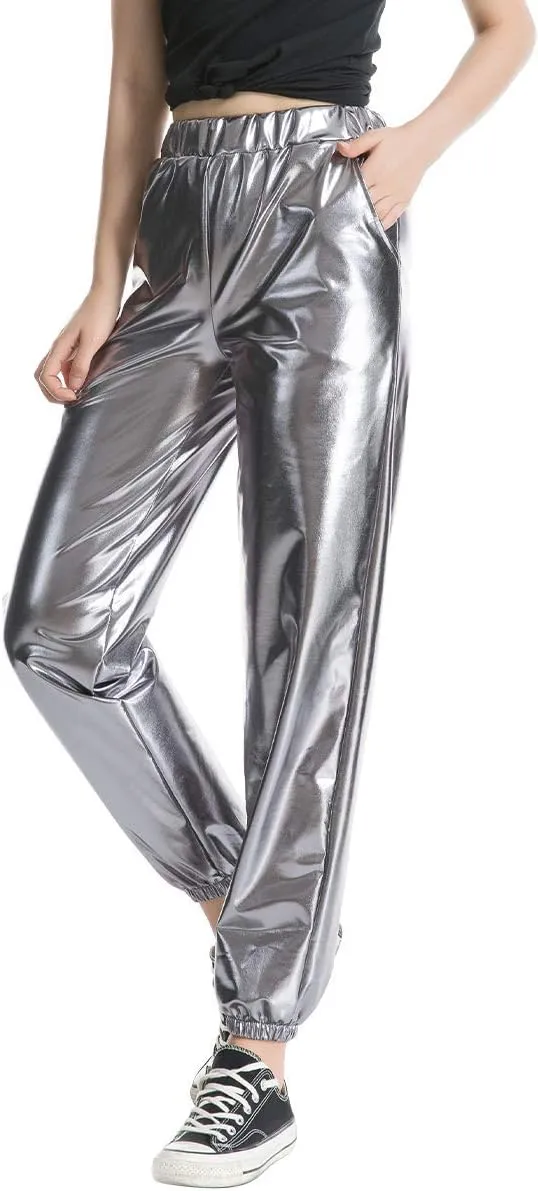 ODIZLI Womens Shiny Metallic High Waist Stretchy Jogger Pants Holographic Hip Hop Club Wear Streetwear