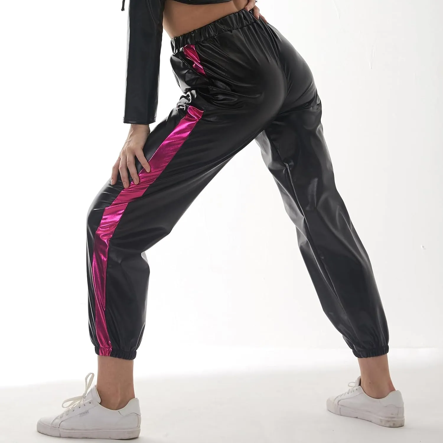 ODIZLI Womens Shiny Metallic High Waist Stretchy Jogger Pants Holographic Hip Hop Club Wear Streetwear