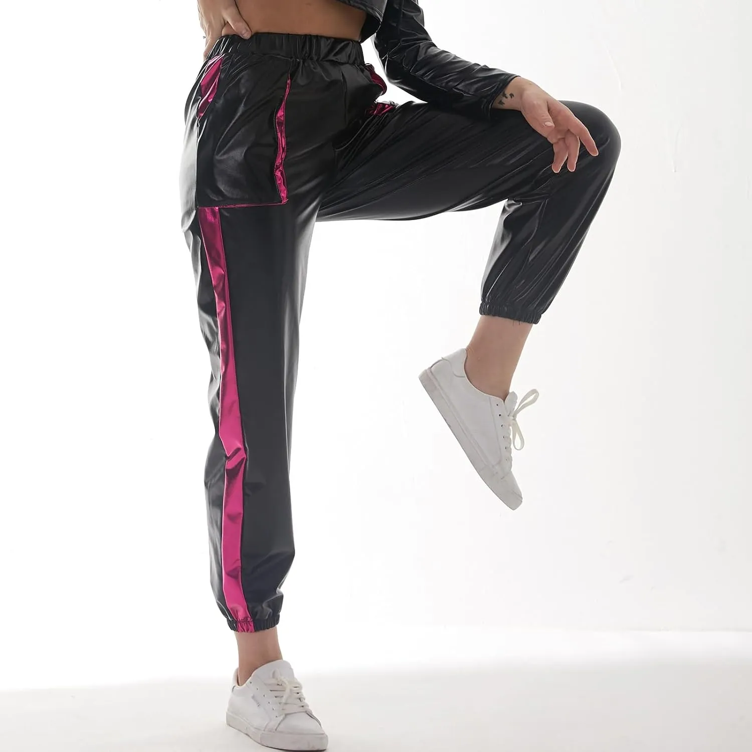 ODIZLI Womens Shiny Metallic High Waist Stretchy Jogger Pants Holographic Hip Hop Club Wear Streetwear