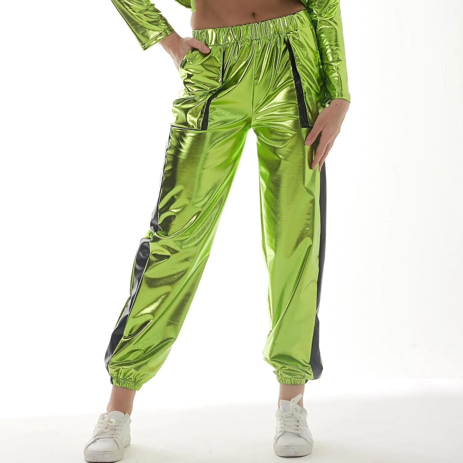ODIZLI Womens Shiny Metallic High Waist Stretchy Jogger Pants Holographic Hip Hop Club Wear Streetwear