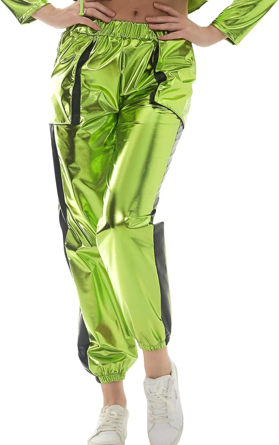 ODIZLI Womens Shiny Metallic High Waist Stretchy Jogger Pants Holographic Hip Hop Club Wear Streetwear