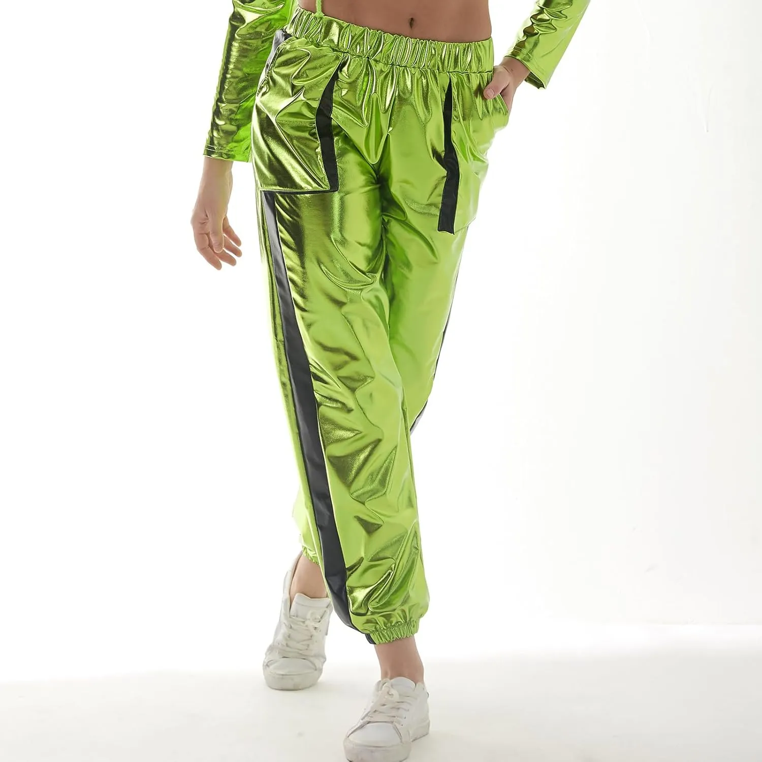 ODIZLI Womens Shiny Metallic High Waist Stretchy Jogger Pants Holographic Hip Hop Club Wear Streetwear