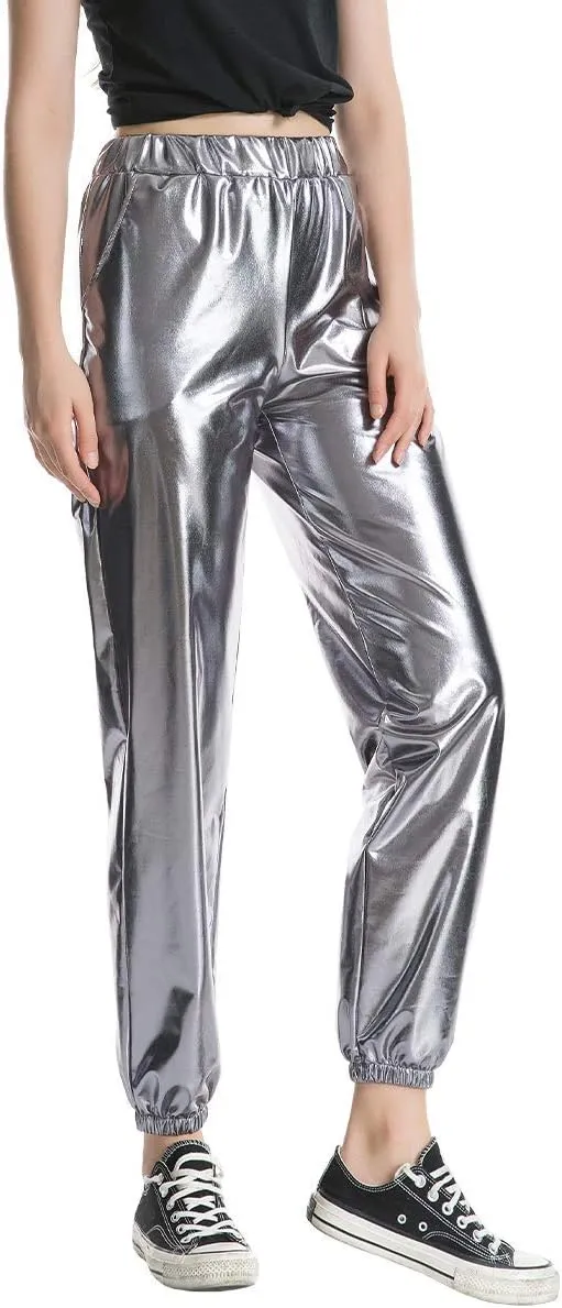 ODIZLI Womens Shiny Metallic High Waist Stretchy Jogger Pants Holographic Hip Hop Club Wear Streetwear